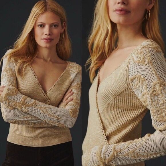 Anthropologie Sweater Lace Sleeves Faux Wrap Beige Boho Romantic small - Picture 10 of 10